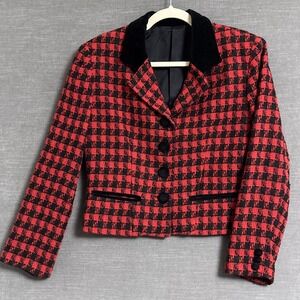 Vintage Chou-Z Blazer 8 Red Black Houndstooth Wool Velvet Collar Preppy 90s USA